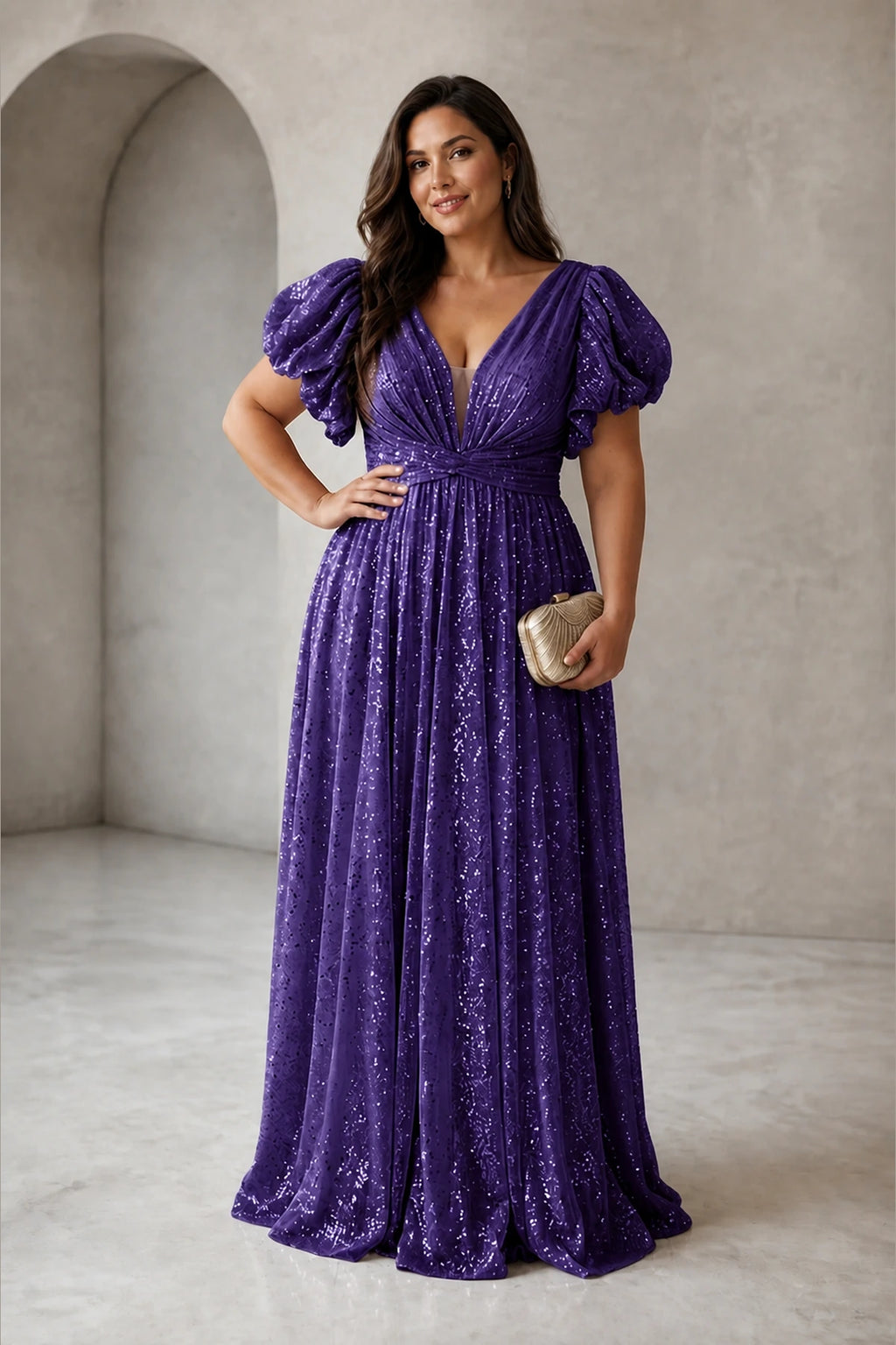 Radiant Plus Size A-Line V-Neck Puff-Sleeve V-Back Floor-Length Wedding Guest Dress
