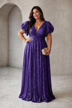 Radiant Plus Size A-Line V-Neck Puff-Sleeve V-Back Floor-Length Wedding Guest Dress