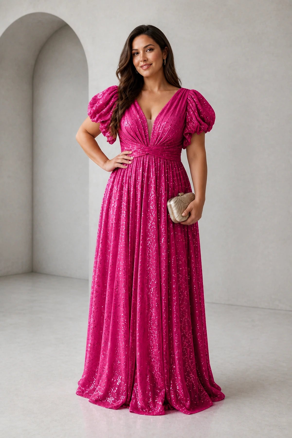 Radiant Plus Size A-Line V-Neck Puff-Sleeve V-Back Floor-Length Wedding Guest Dress