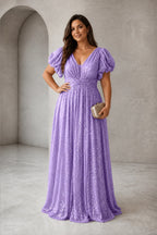 Radiant Plus Size A-Line V-Neck Puff-Sleeve V-Back Floor-Length Wedding Guest Dress