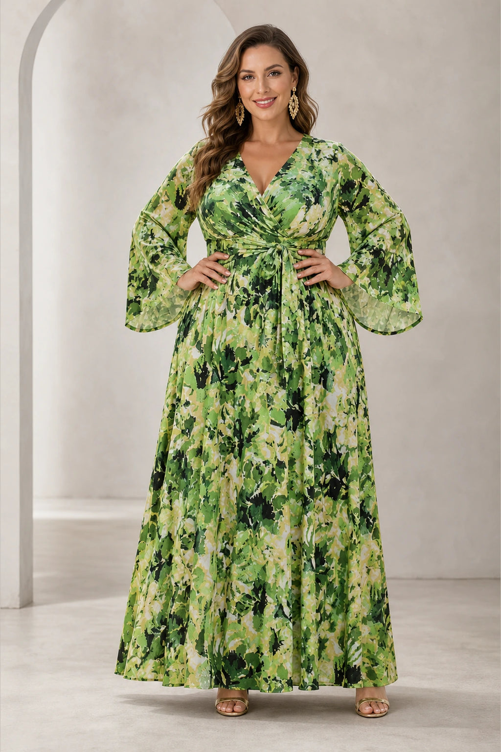 Plus size green floral V neck long sleeve mother of the bride dress front view