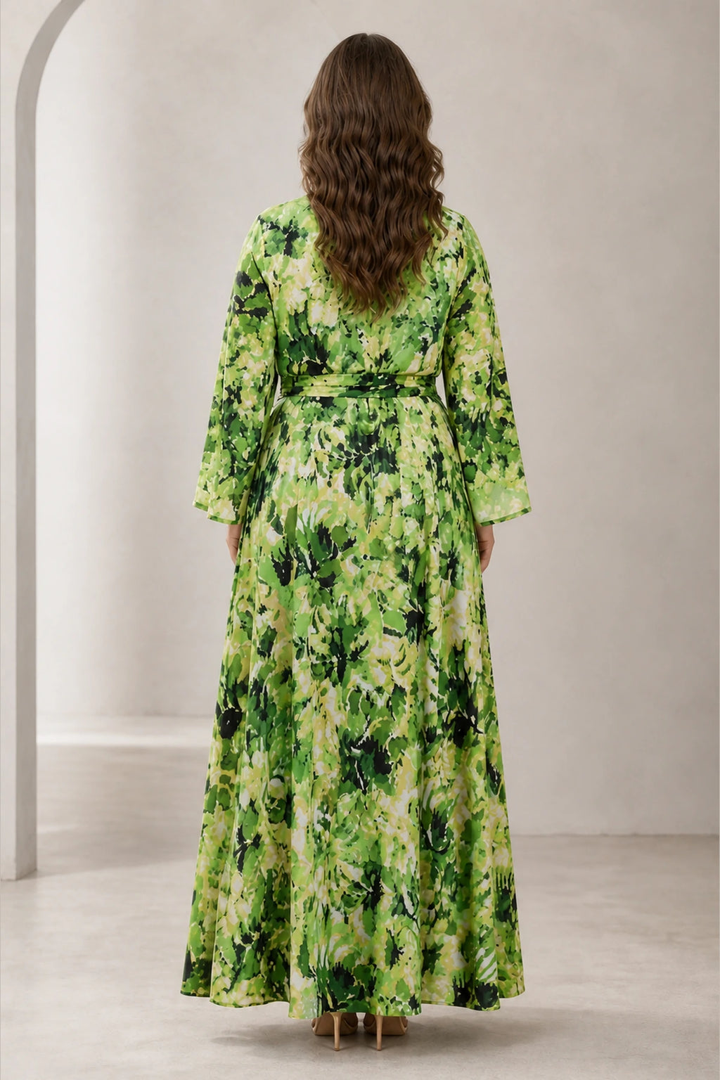 Plus size green floral mother of the bride dress with closed back and tie waist