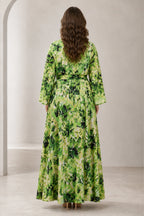 Plus size green floral mother of the bride dress with closed back and tie waist