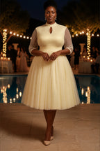 Plus size ivory tea length wedding guest dress with high neckline and sheer sleeves