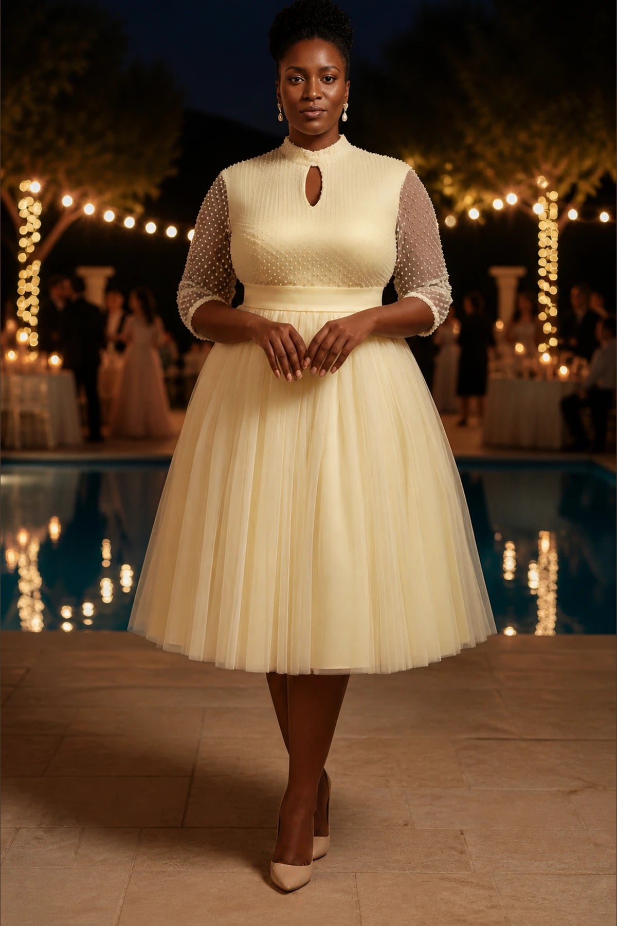 Plus size ivory tea length wedding guest dress with high neckline and sheer sleeves