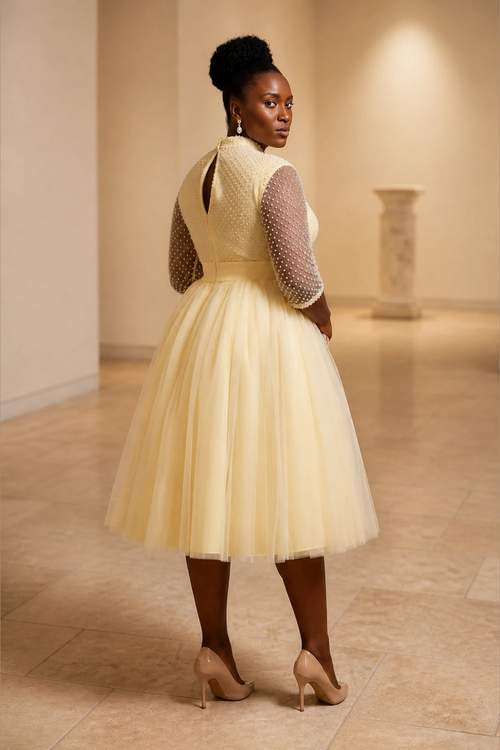 Plus size ivory formal dress with keyhole back and tea length tulle skirt