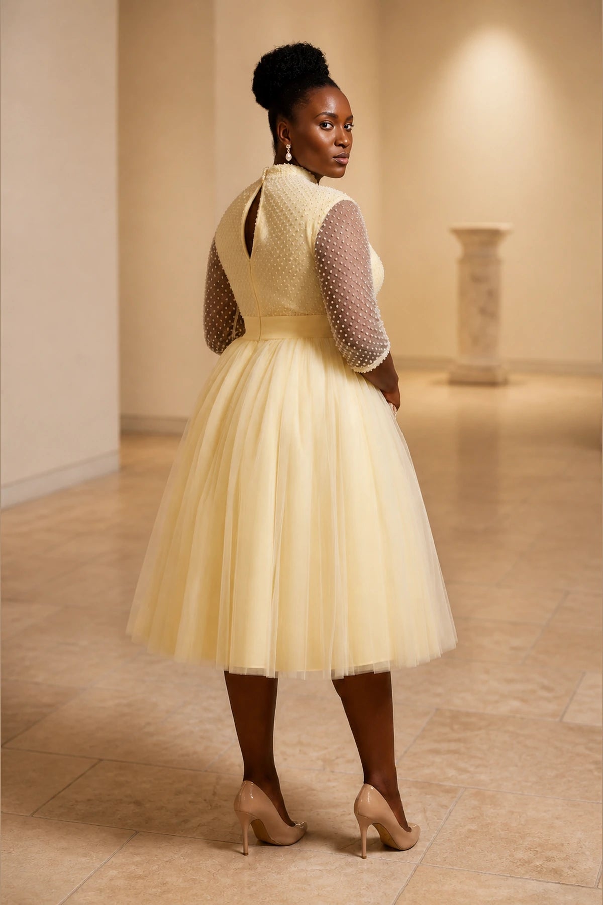 Plus size ivory formal dress with keyhole back and tea length tulle skirt