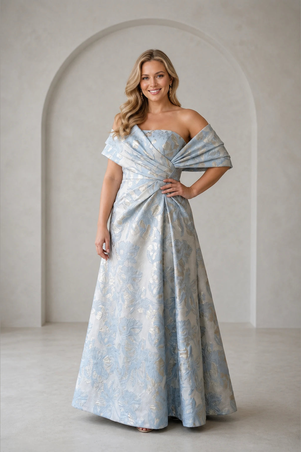 Plus size light blue off shoulder wedding guest dress with floral texture and A-line skirt