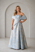 Plus size light blue off shoulder wedding guest dress with floral texture and A-line skirt