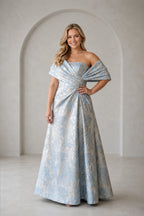 Plus size light blue off shoulder wedding guest dress with floral texture and A-line skirt