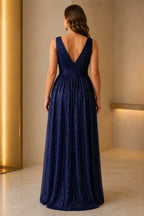 Plus size navy sequin V neck high low A-line wedding guest dress front view