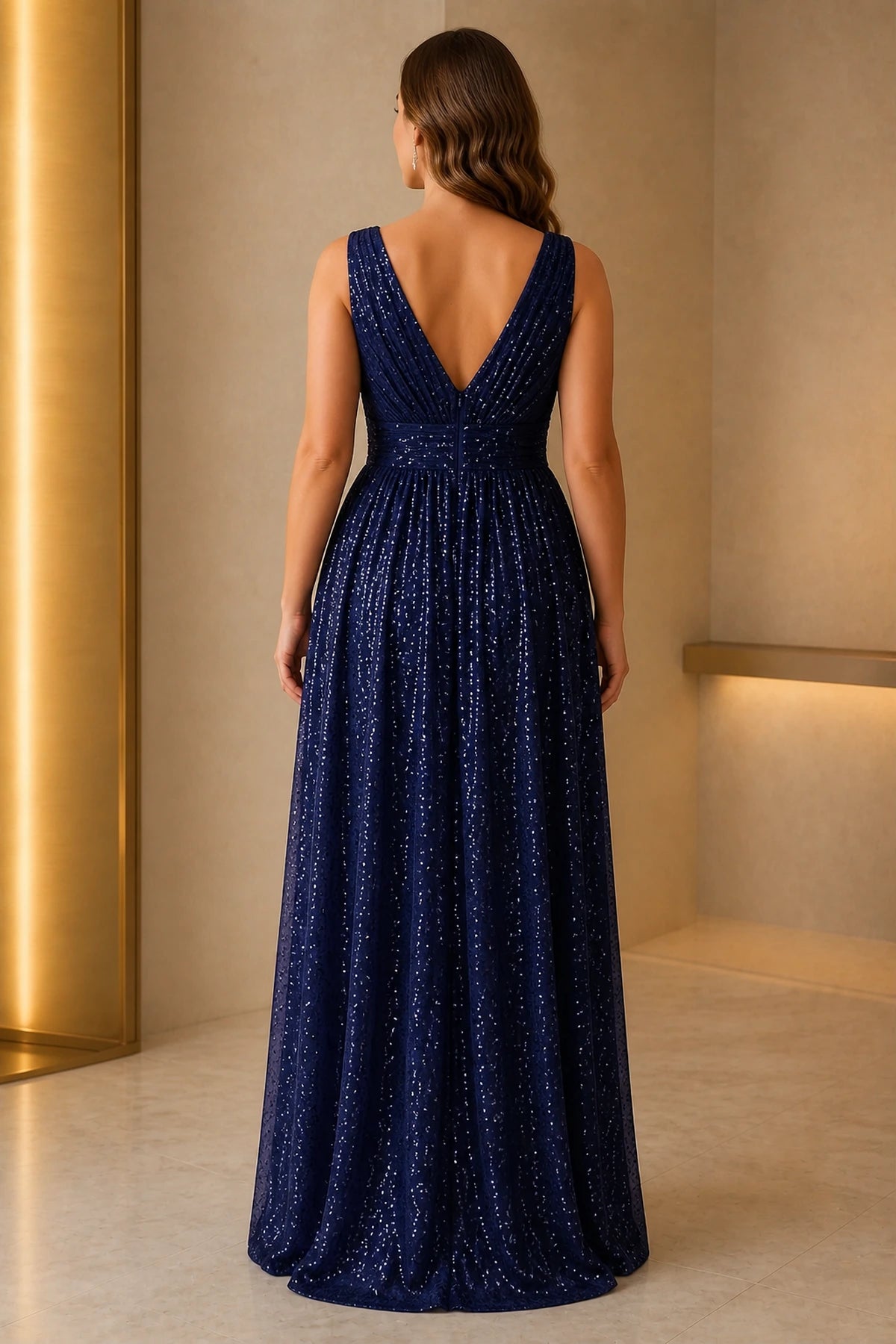 Plus size navy sequin V neck high low A-line wedding guest dress front view