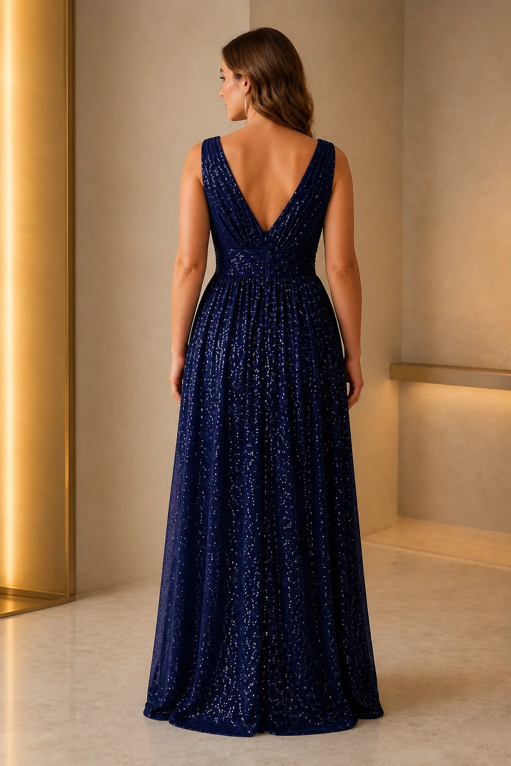 Radiant Plus Size A-Line V-Neck Sleeveless V-Back High-Low Wedding Guest Dress
