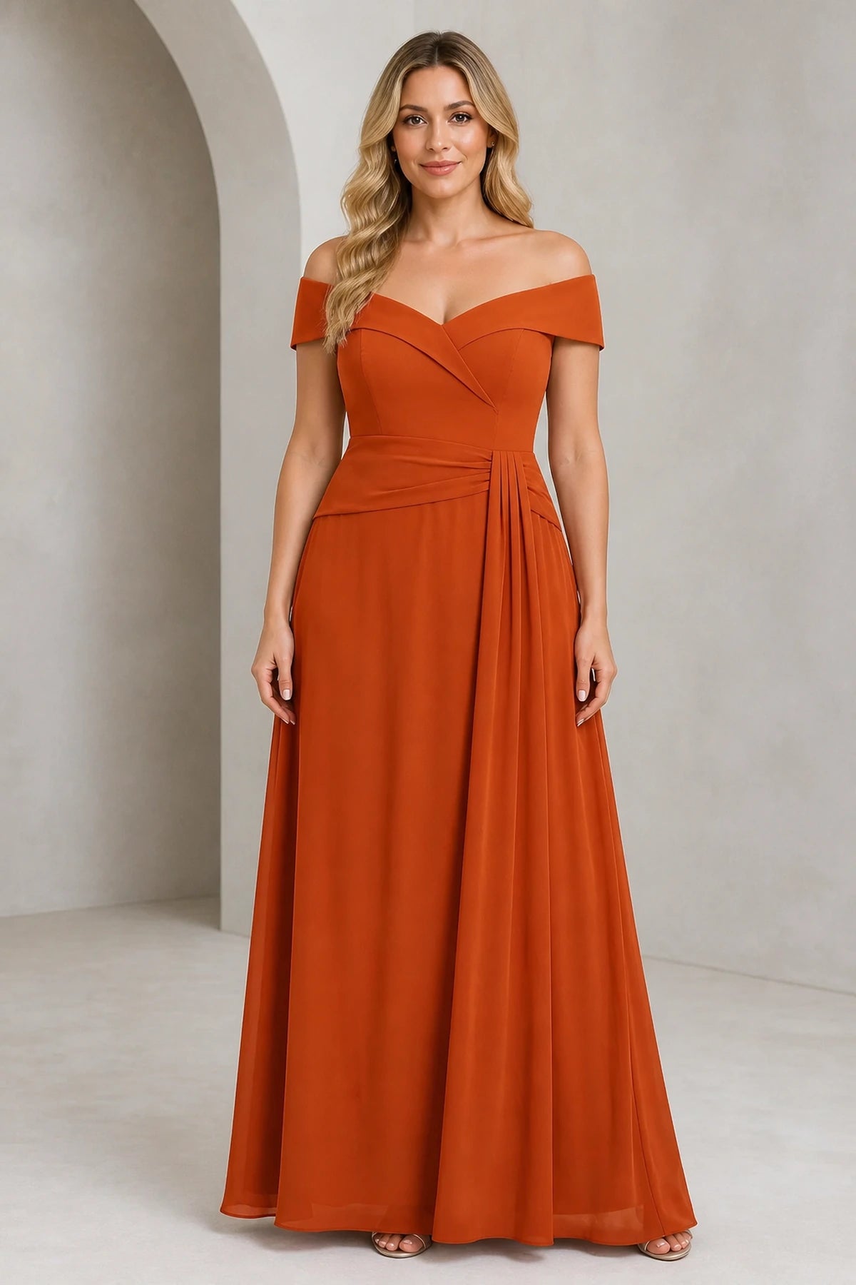 Plus size orange off shoulder A line long wedding guest dress