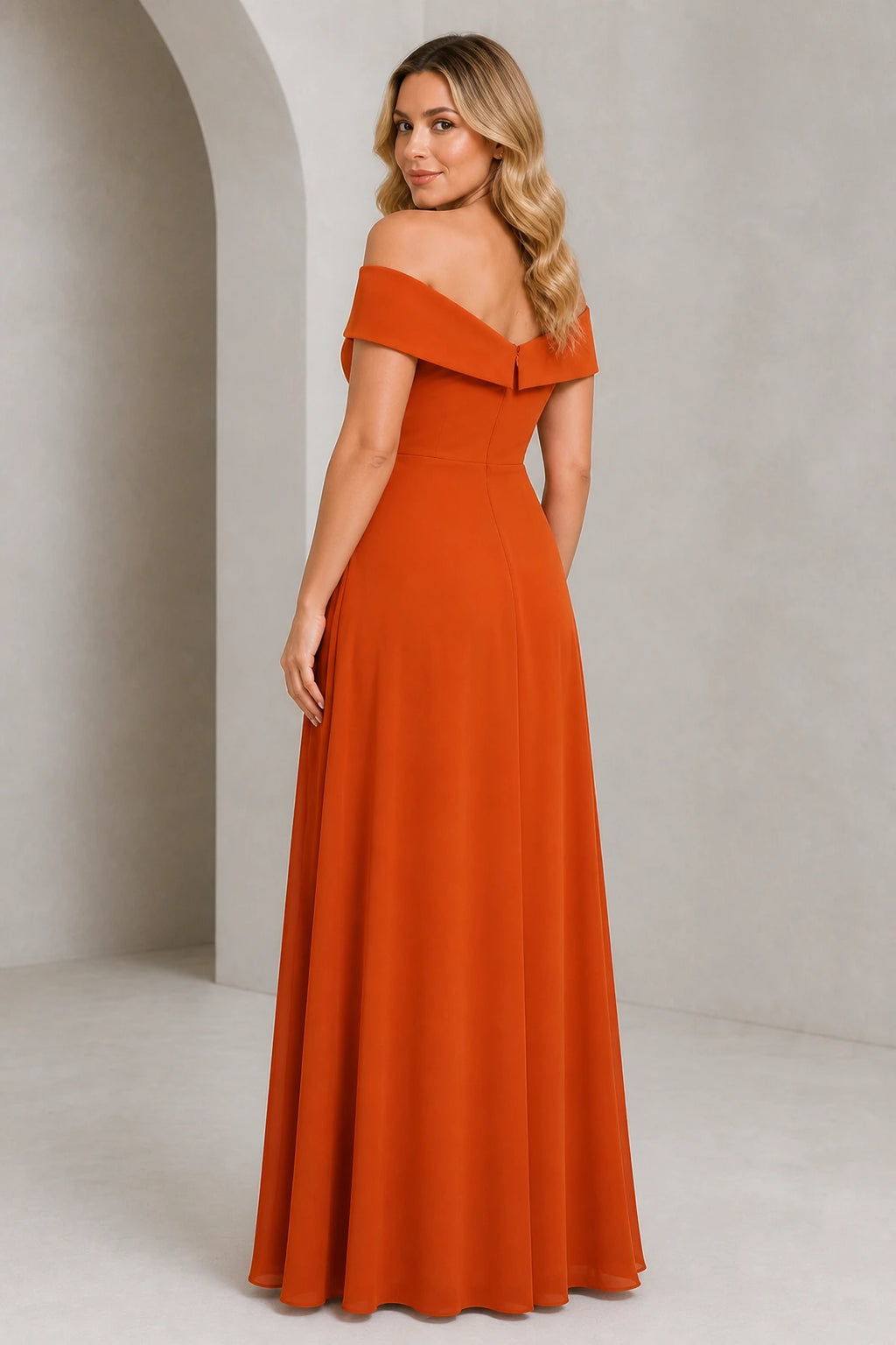 Plus size orange formal dress with off shoulder back design

