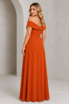 Plus size orange formal dress with off shoulder back design

