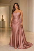 Plus size rose satin strapless bridesmaid dress with sweetheart neckline and draped waist