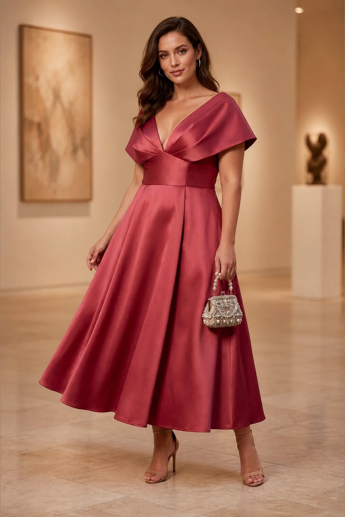 Plus size rose satin wedding guest dress with V neckline and cape sleeves
