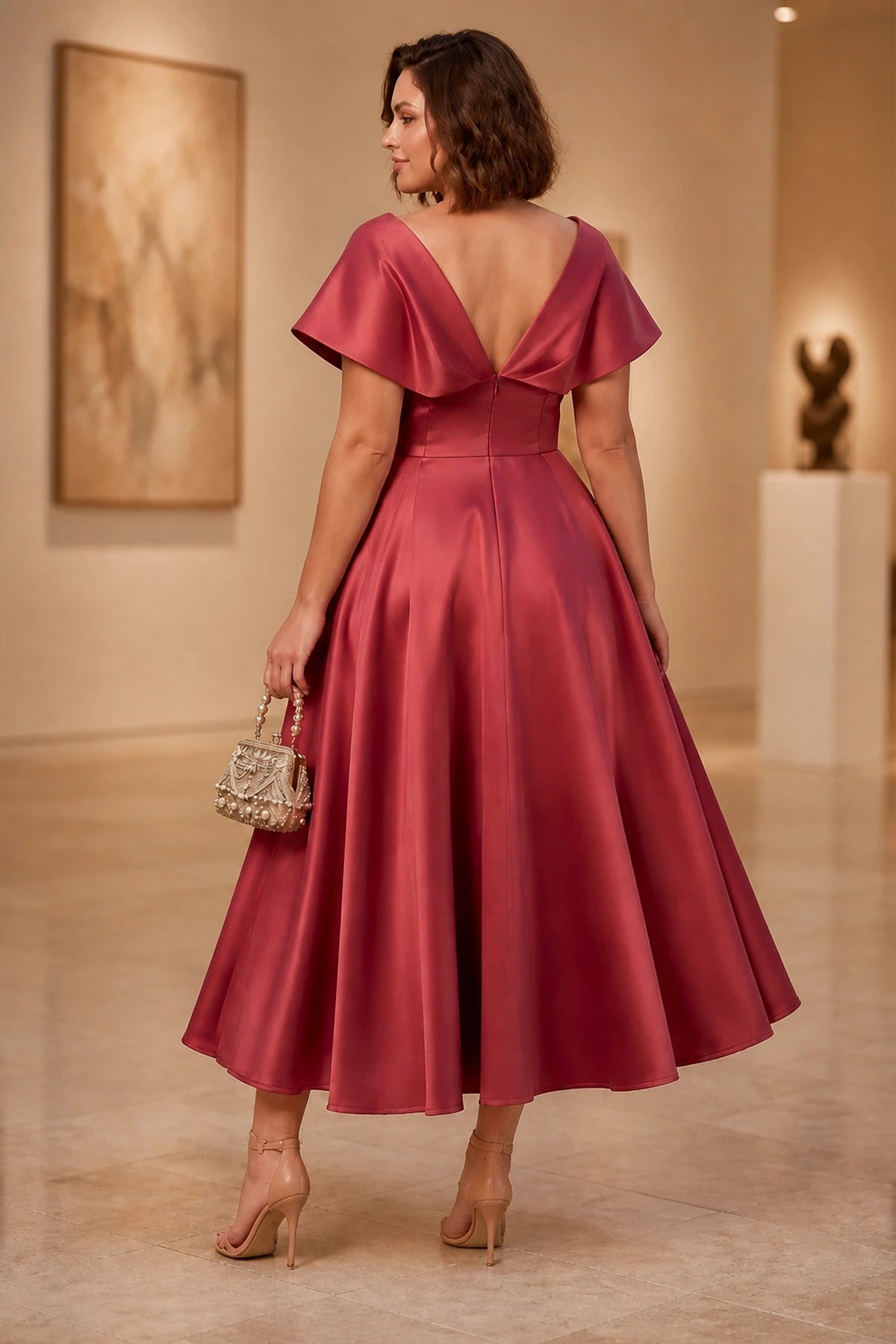 Plus size rose formal dress with deep V back and flowing A-line skirt