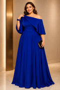 Plus size royal blue asymmetric neck cape sleeve mother of the bride dress front view
