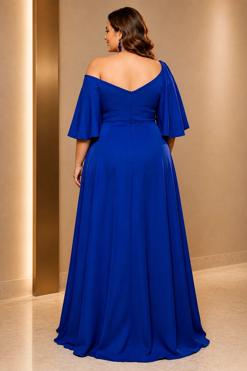 Plus size royal blue mother of the bride dress with V back and center zipper
