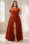 Plus size rust sweetheart pleated A-line wedding guest dress with front slit