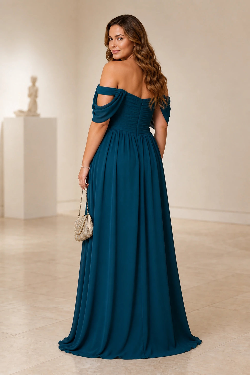 Plus size teal bridesmaid dress with zipper back and flowing skirt