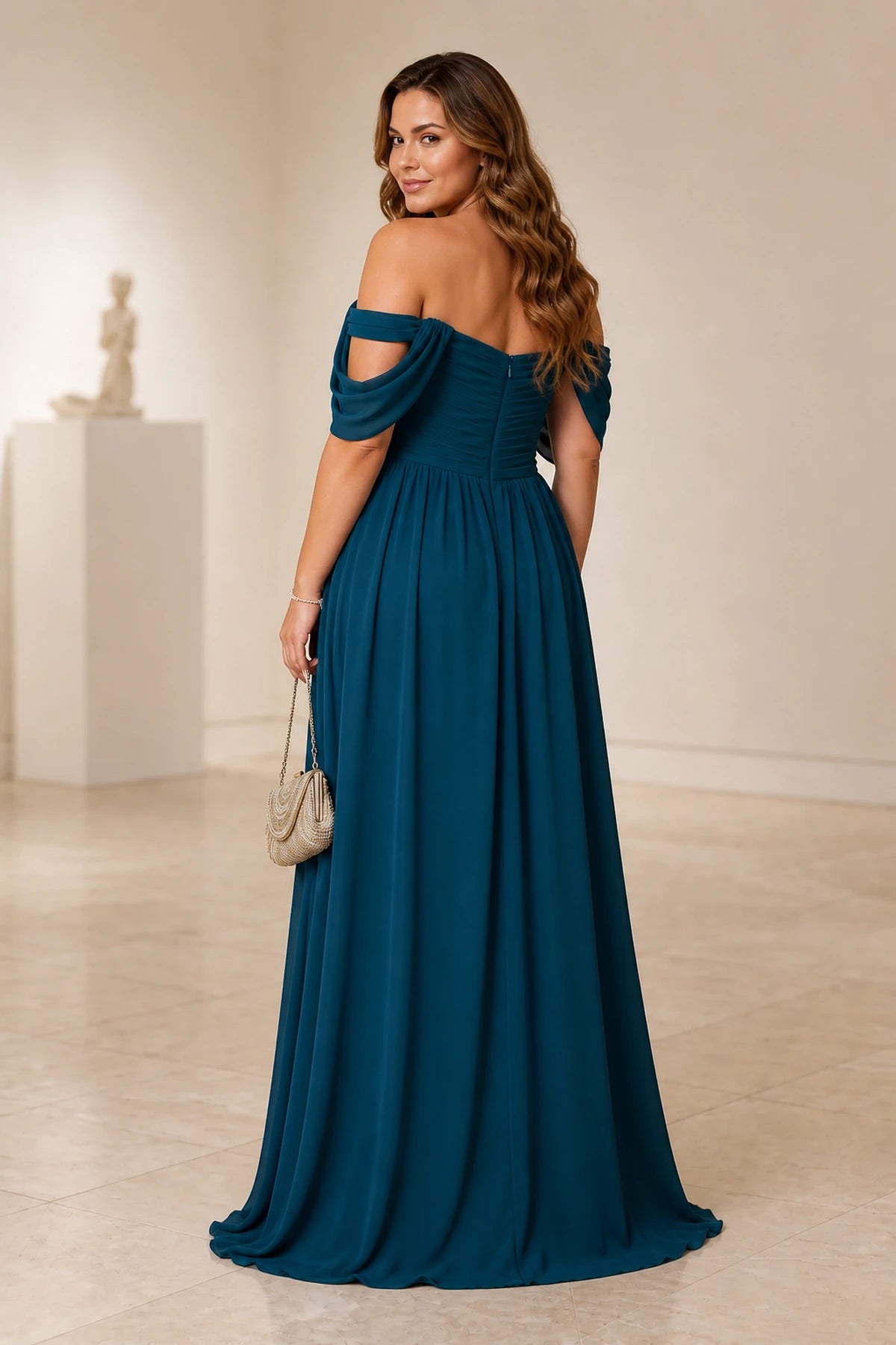 Plus size teal bridesmaid dress with zipper back and flowing skirt