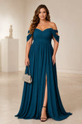 Plus size teal off shoulder sweetheart bridesmaid dress with A-line skirt
