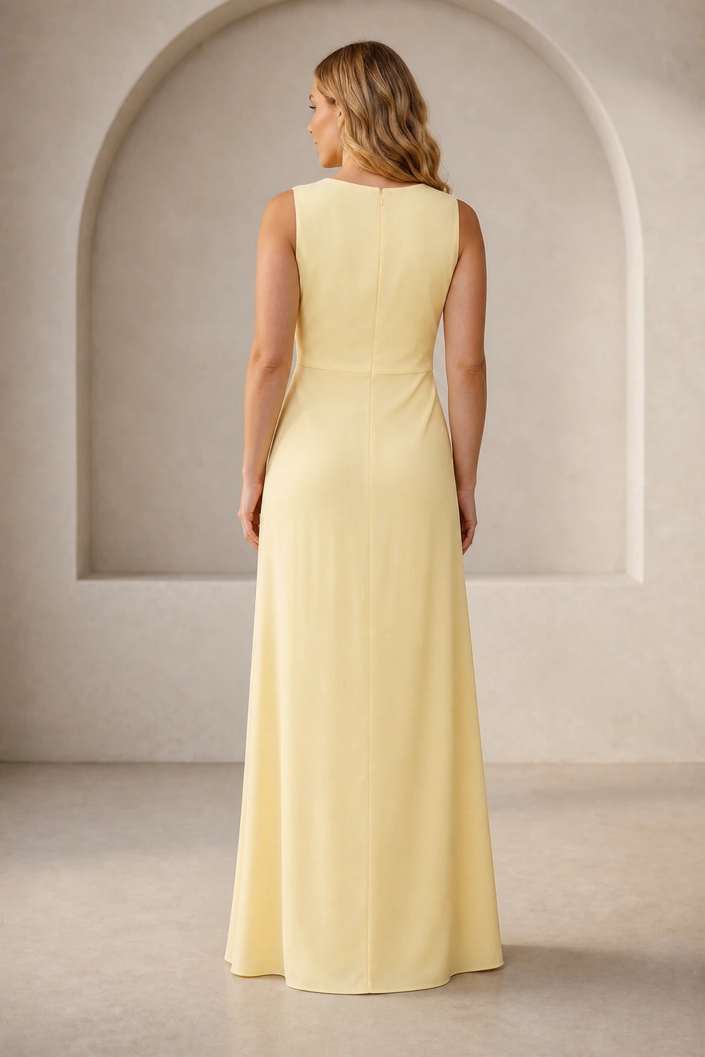 Plus size yellow long formal dress with closed back and flowing skirt