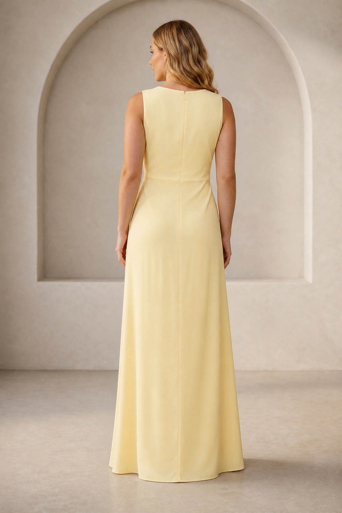 Plus size yellow long formal dress with closed back and flowing skirt