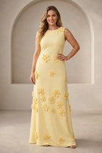 Plus size yellow sleeveless wedding guest dress with 3D floral appliques