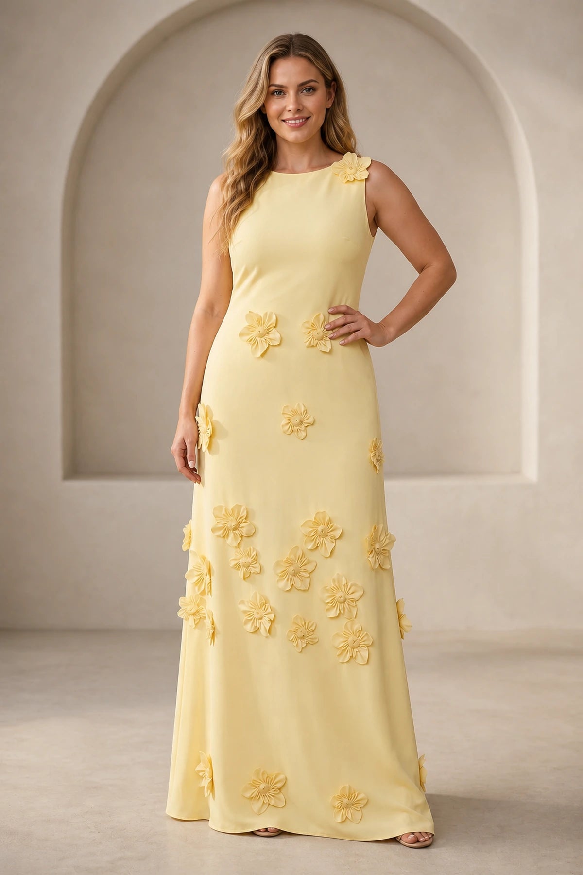 Plus size yellow sleeveless wedding guest dress with 3D floral appliques