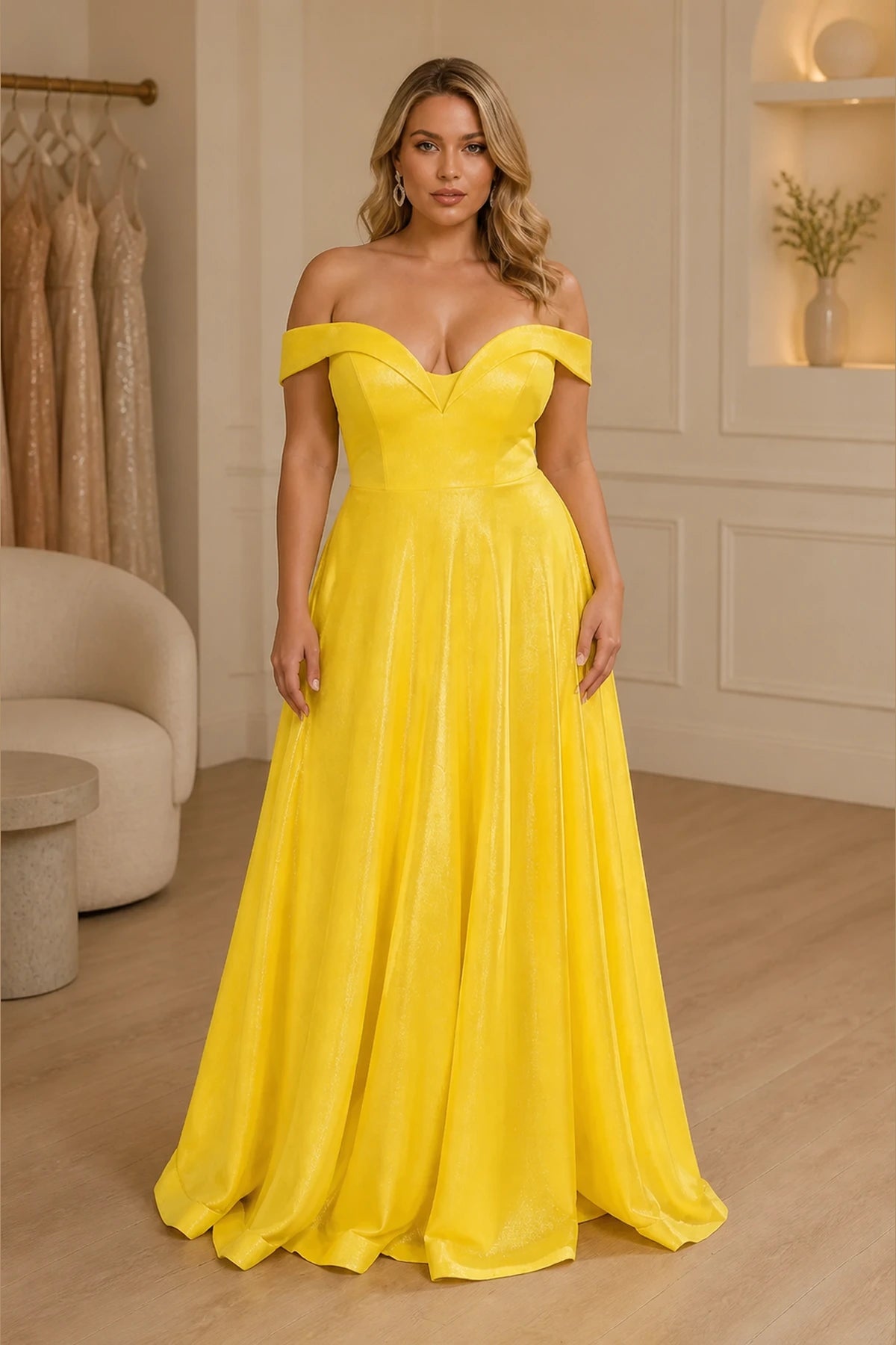 Plus size yellow off shoulder bridesmaid dress with sweetheart neckline and A-line skirt