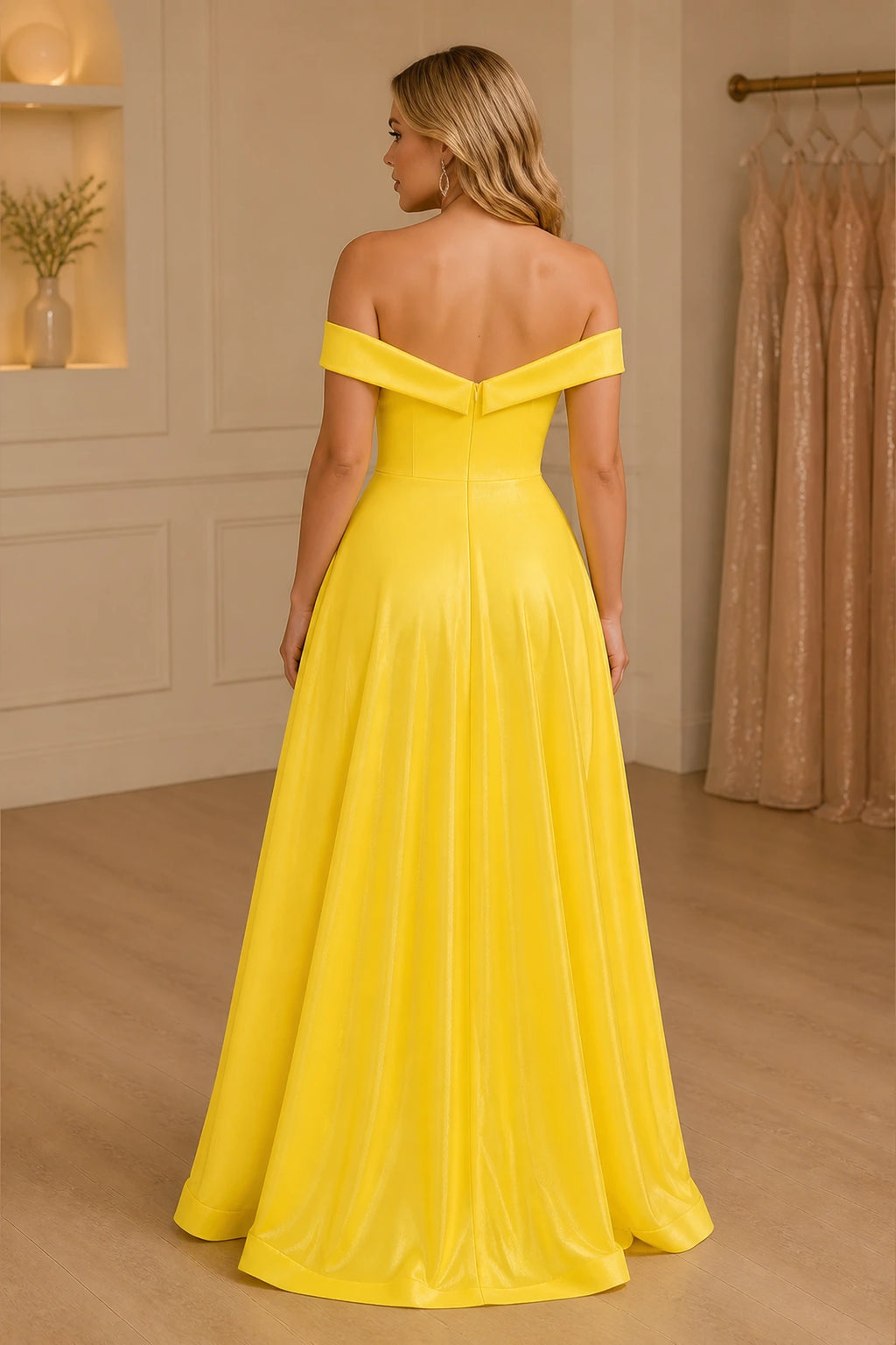 Plus size yellow long bridesmaid dress with zipper back and off shoulder design