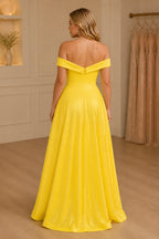 Plus size yellow long bridesmaid dress with zipper back and off shoulder design