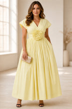 Plus size yellow V neck cap sleeve A-line wedding guest dress with rosette waist