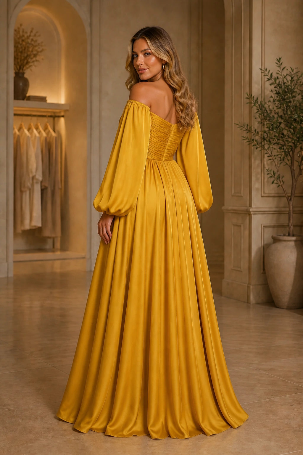 Plus size yellow formal wedding guest dress with off shoulder back detail