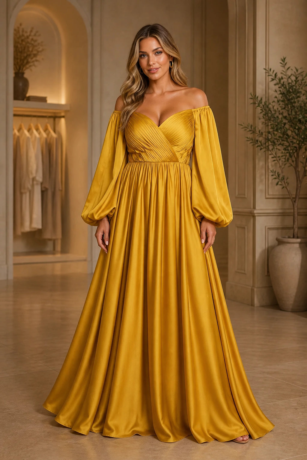 Plus size yellow off shoulder wedding guest dress with long sleeves and A line skirt