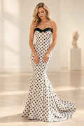 Polka dot satin mermaid prom dress with sweetheart neckline, strapless fitted bodice and floor length flared skirt by Graceprom