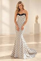Polka dot satin mermaid prom dress with sweetheart neckline, strapless fitted bodice and floor length flared skirt by Graceprom