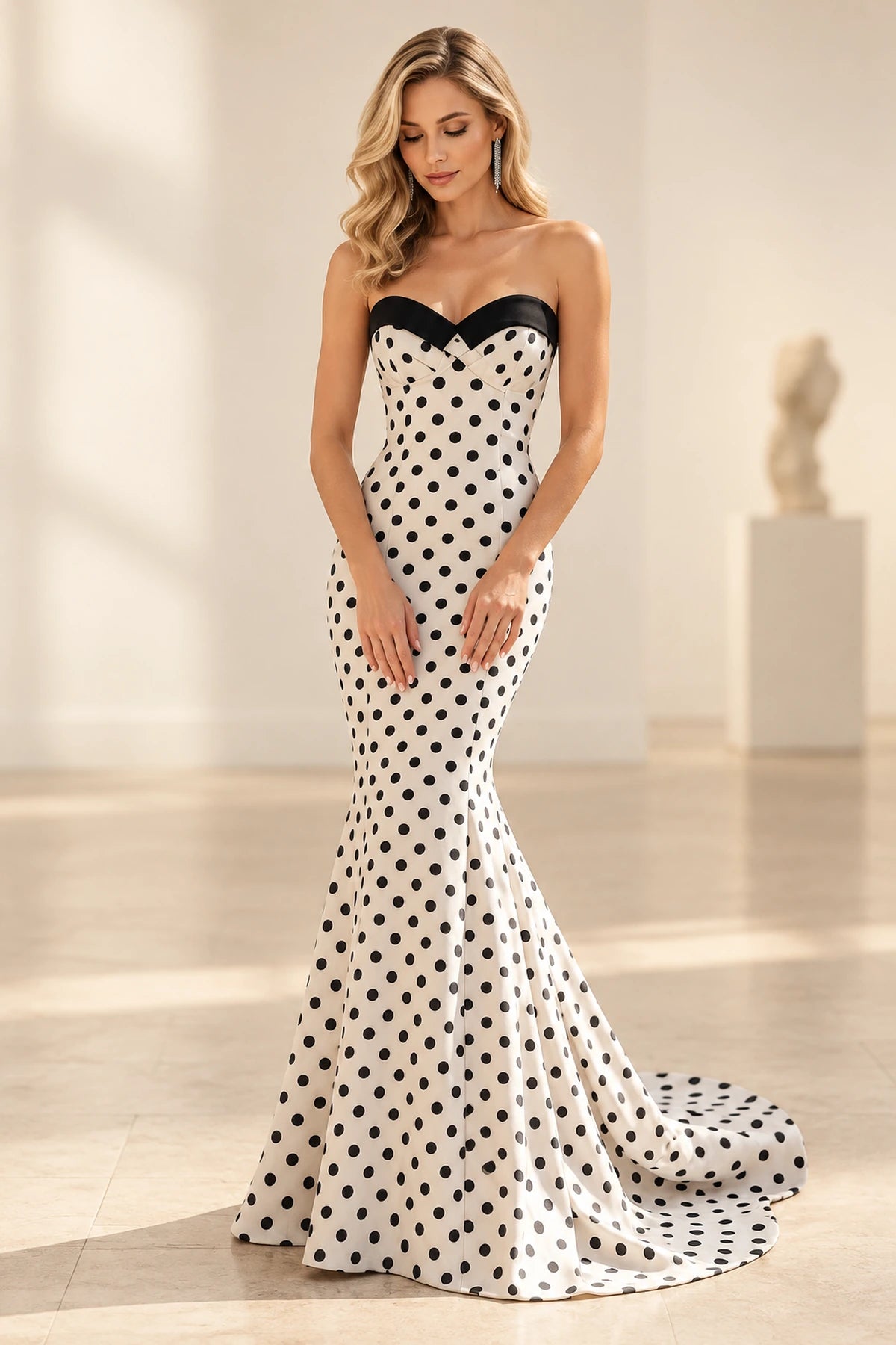 Polka dot satin mermaid prom dress with sweetheart neckline, strapless fitted bodice and floor length flared skirt by Graceprom