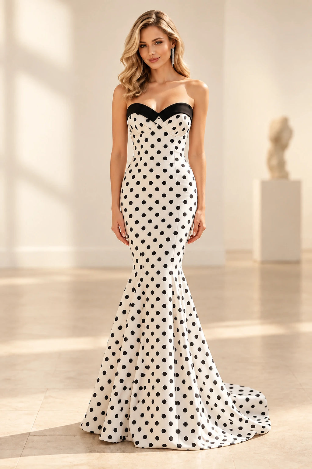 Vintage Polka Dot Satin Mermaid Sweetheart Strapless Straight Back Floor Length Prom Dress