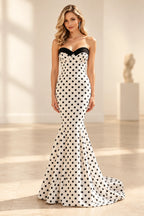Vintage Polka Dot Satin Mermaid Sweetheart Strapless Straight Back Floor Length Prom Dress