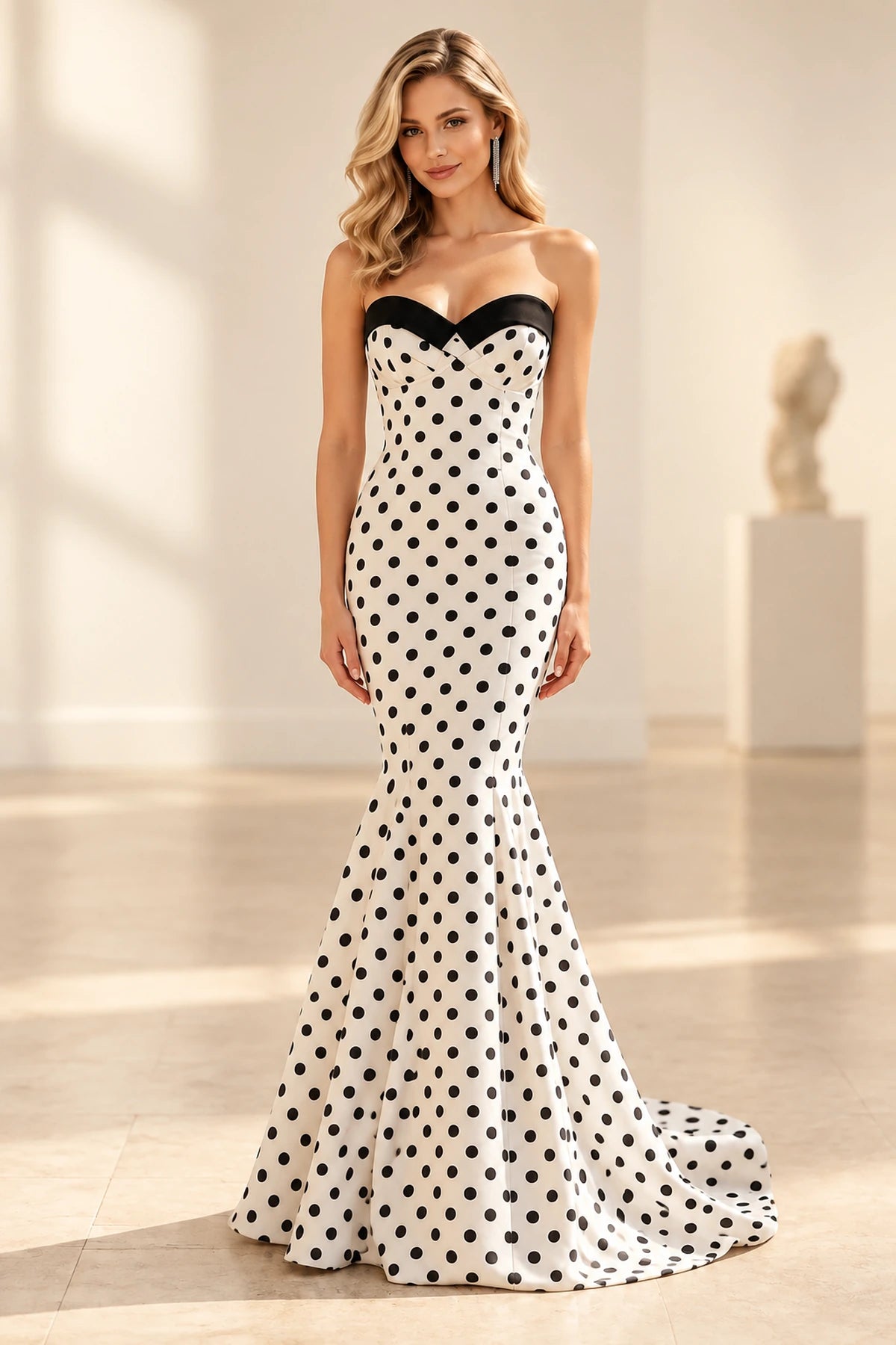 Vintage Polka Dot Satin Mermaid Sweetheart Strapless Straight Back Floor Length Prom Dress