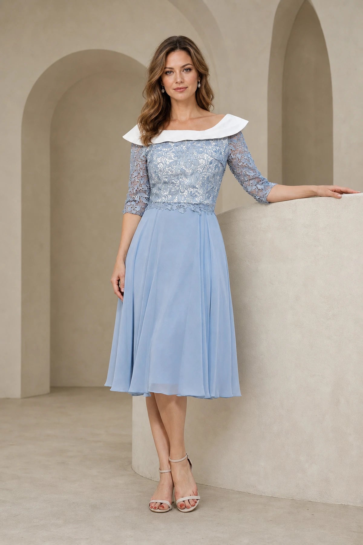 Powder blue A-line Mother of the Bride dress with white off-shoulder collar, lace bodice, three-quarter sleeves and zip back, front and back view by Vedress