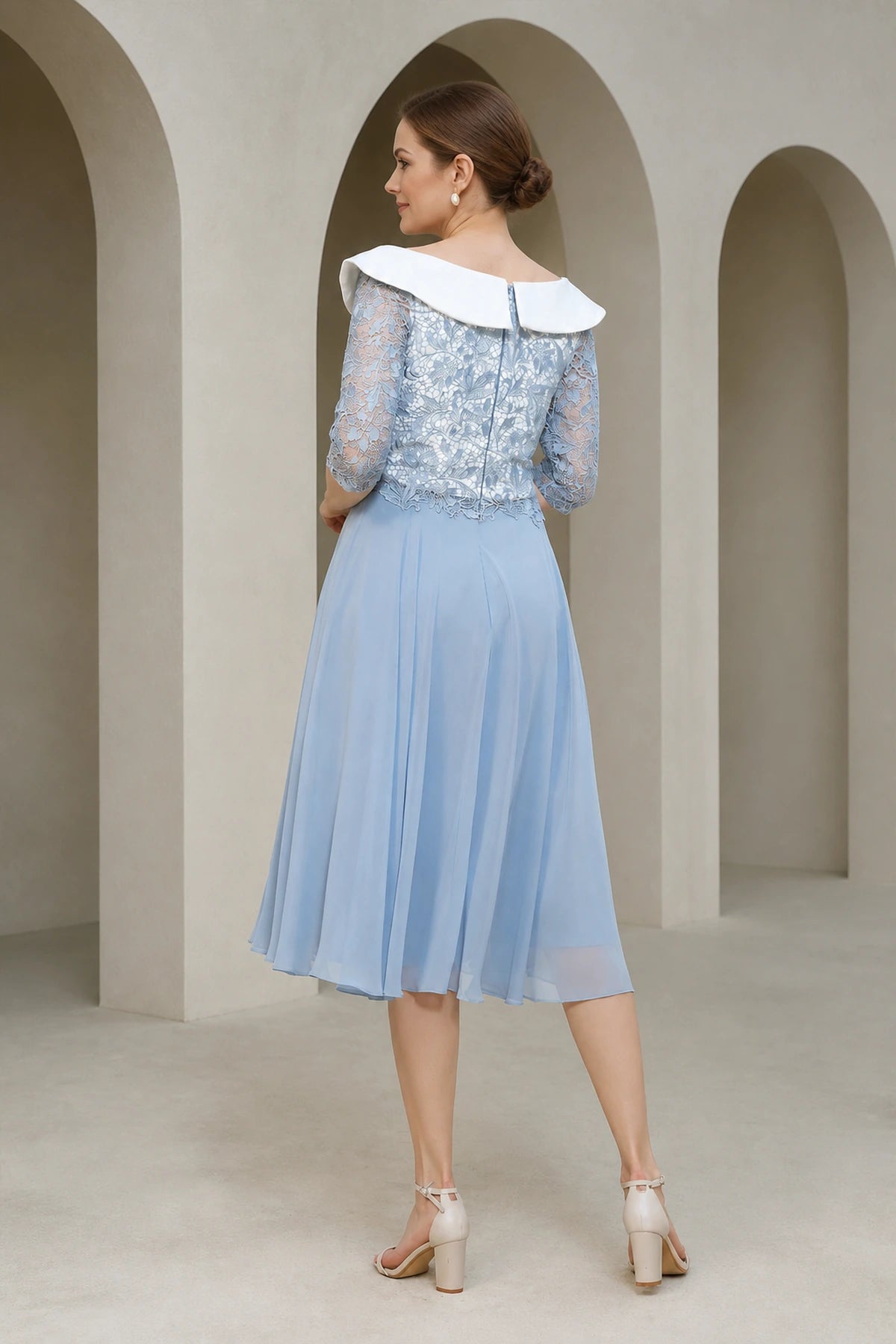 Powder blue A-line Mother of the Bride dress with white off-shoulder collar, lace bodice, three-quarter sleeves and zip back, front and back view by Vedress