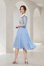 Graceful A-Line Off-Shoulder Three-Quarter Sleeve Zip-Back Tea-Length Mother of the Bride Dress