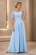 Light blue A-line off-shoulder Mother of the Bride dress with lace bodice, short sleeves and zip back, front and back view by Vedress