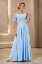 Light blue A-line off-shoulder Mother of the Bride dress with lace bodice, short sleeves and zip back, front and back view by Vedress